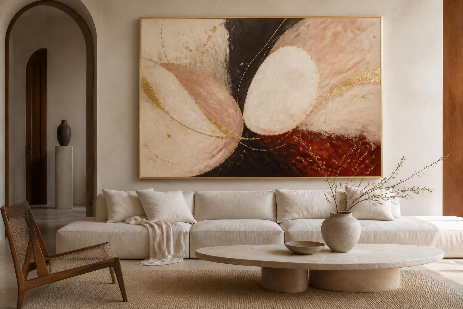Large abstract commissioned painting hanging above a linen sofa in a warm ivory gallery interior